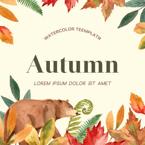 Autumn season frame with leaves and animal. Autumn greetings cards perfect for print ,invitation, template , creative watercolor vector illustration design