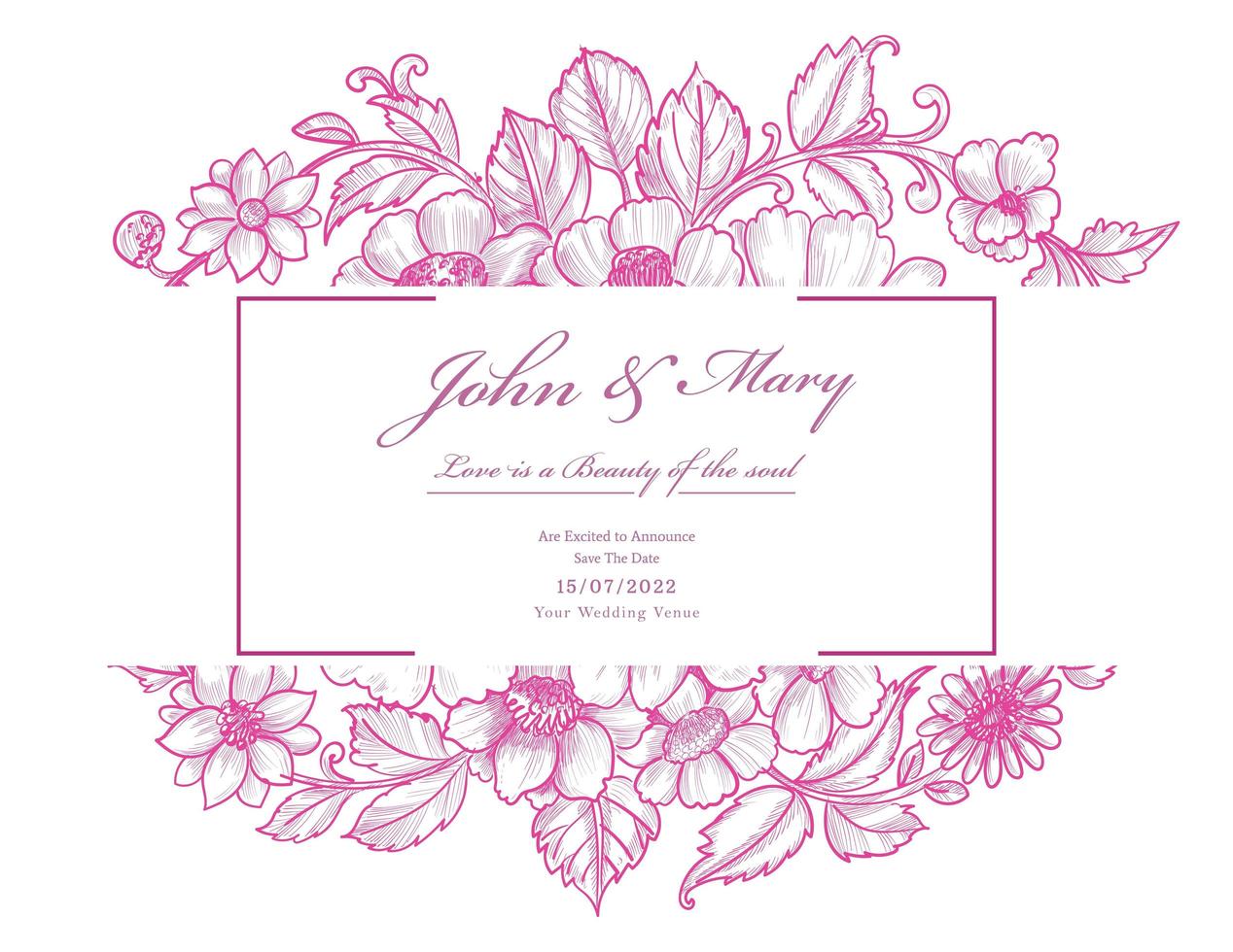 Beautiful decorative pink flowers and frame wedding card vector