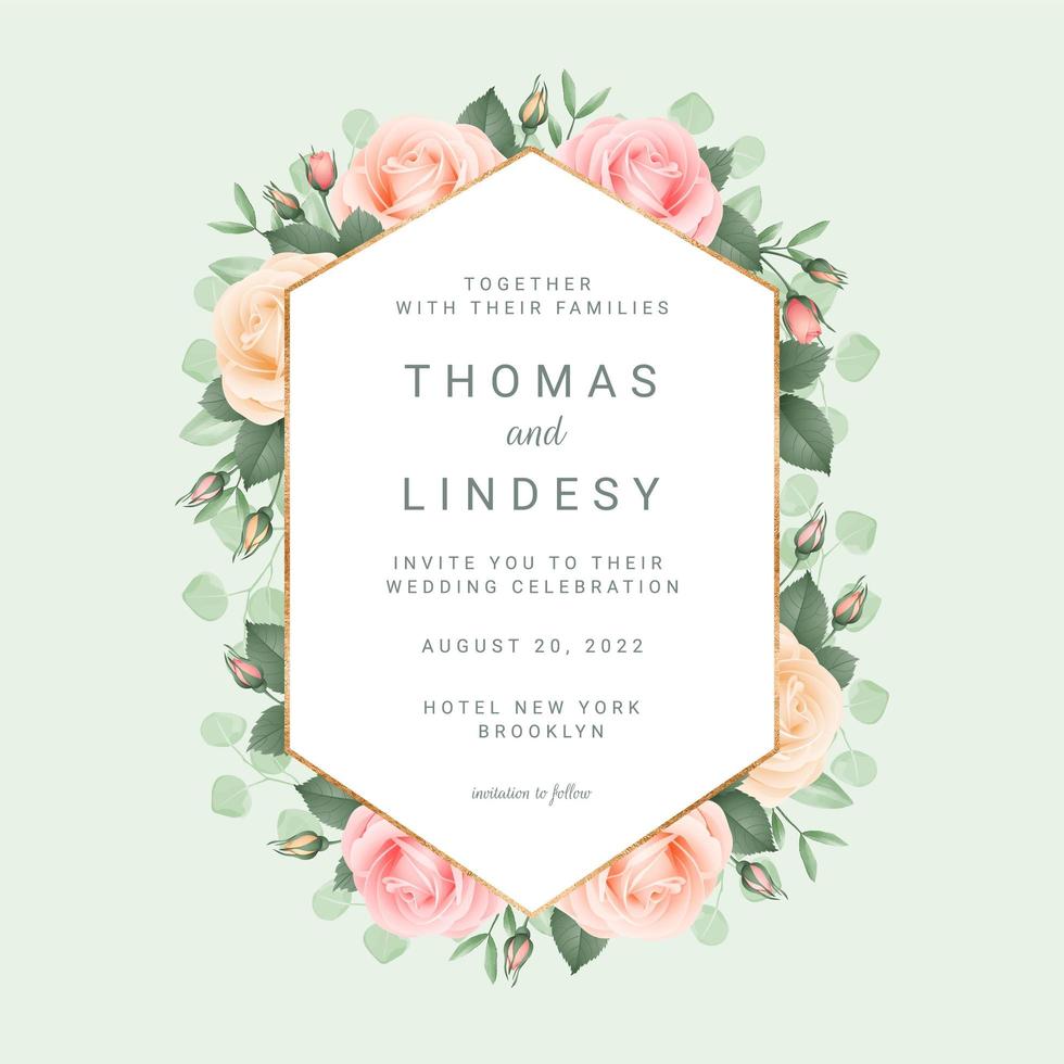 Blush Roses with Gold Geometric Frame Wedding Card vector