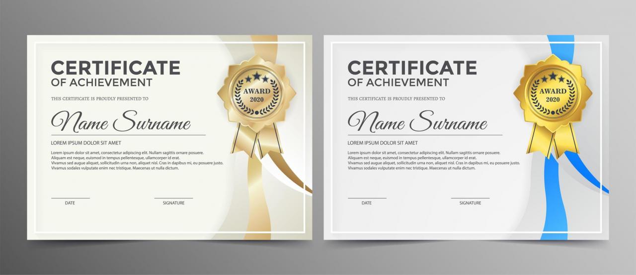 Certificate set with gold and blue ribbons vector