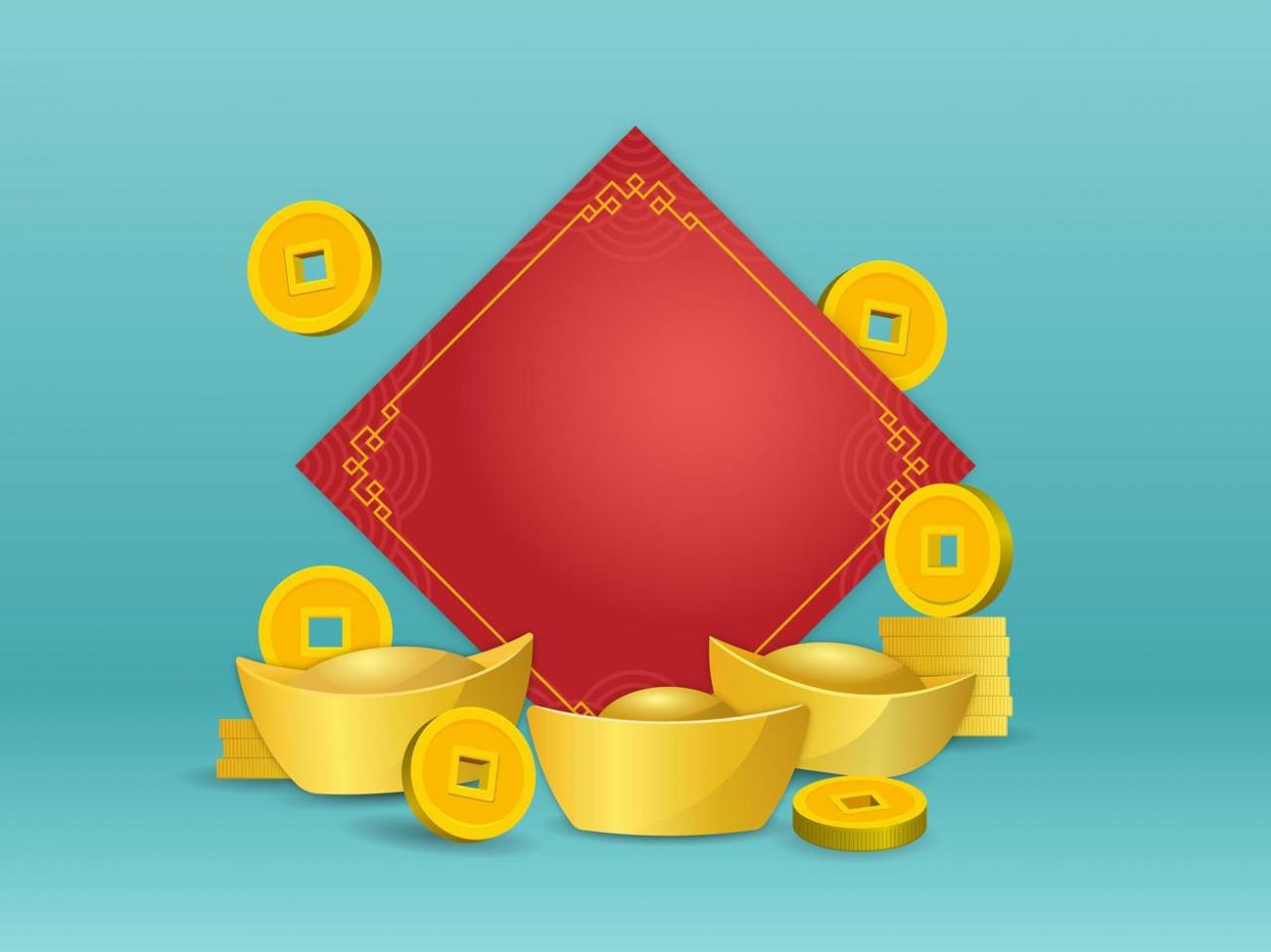 Chinese gold ingot and coin in front of blank red paper on green color background vector