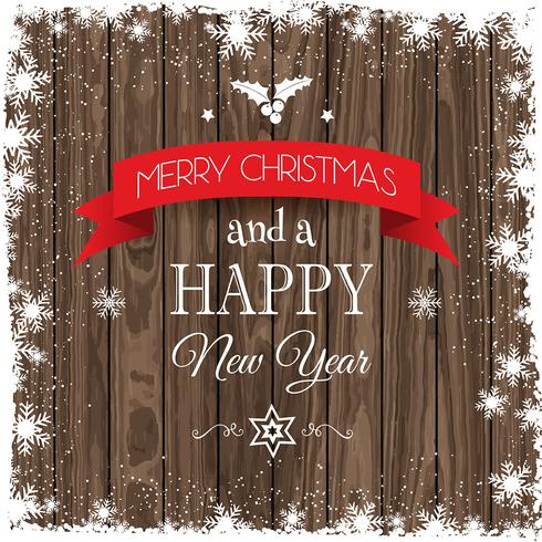 Christmas background with snowy border and wooden texture vector