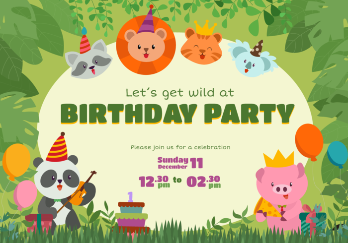 Cute Animal Birthday Invitation Vector Character