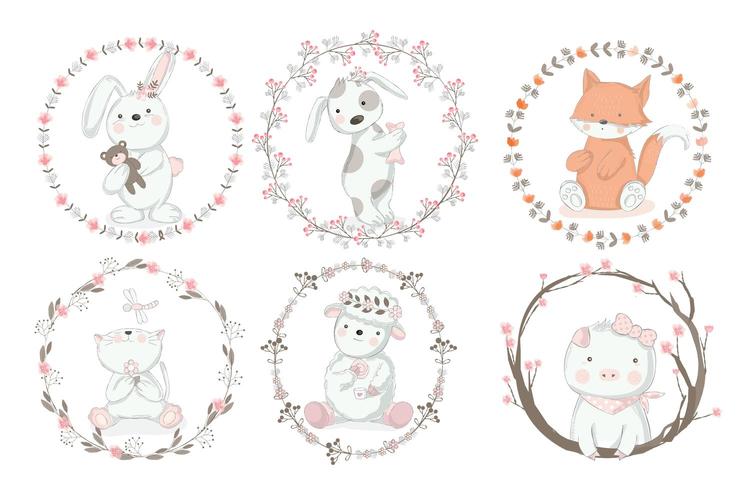 Cute Baby Animals in Floral Frame vector