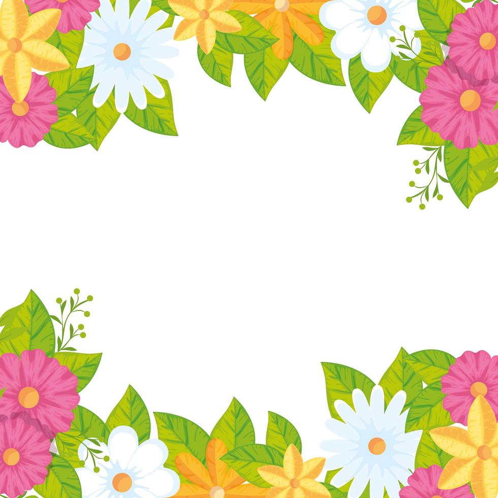 frame of cute flowers with leafs isolated icon vector