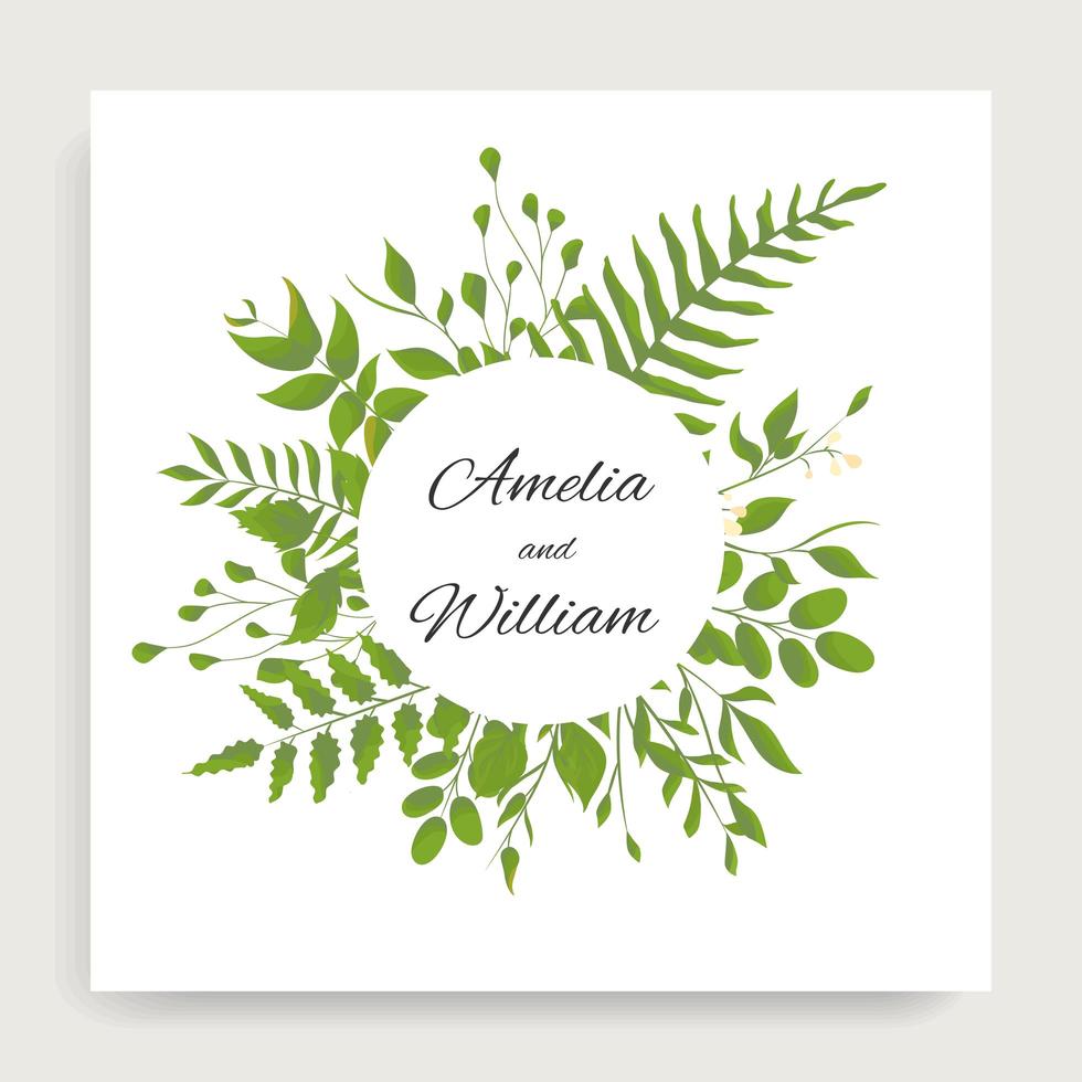 Green leaves around circle frame on square card vector