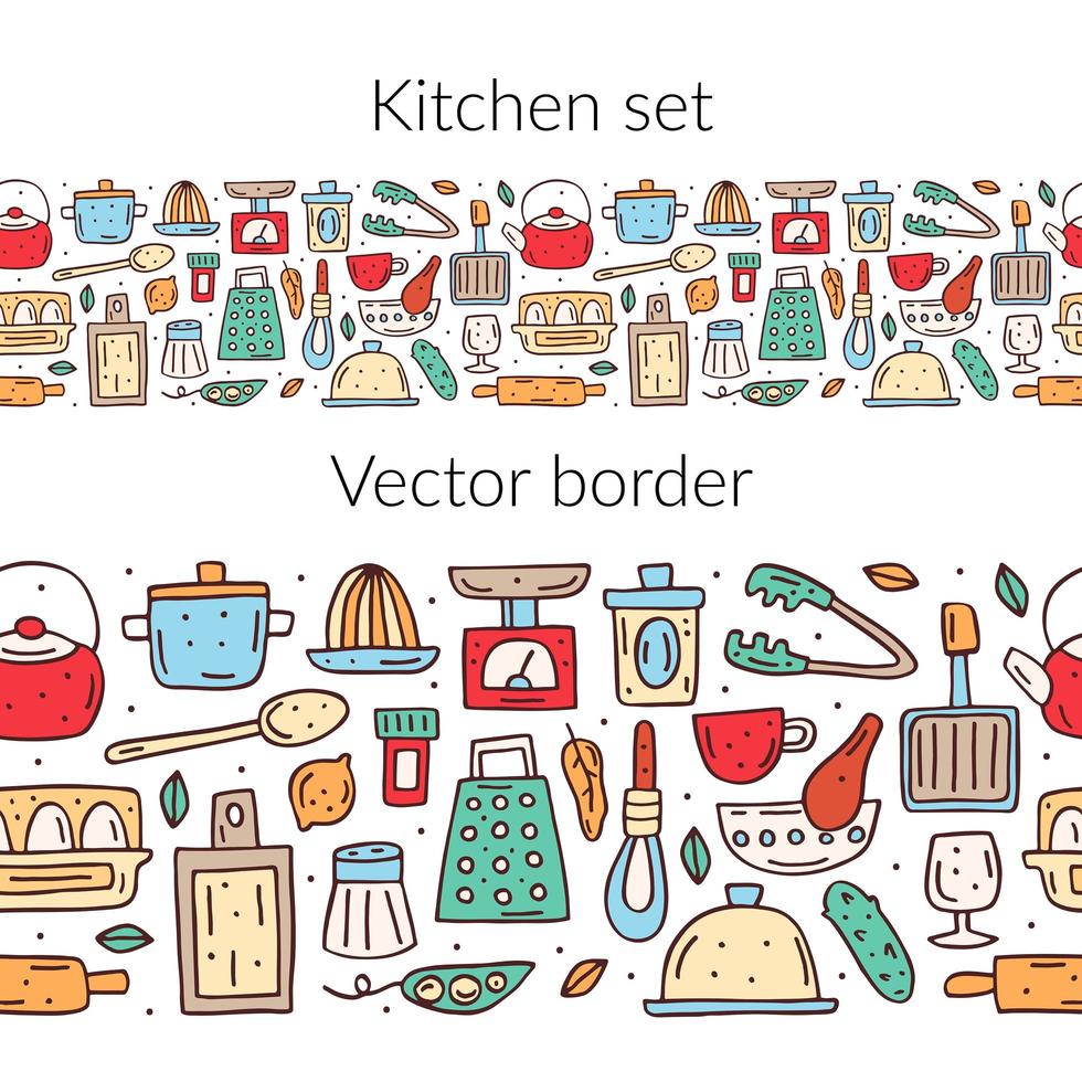 Hand drawn colorful kitchen elements seamless border vector
