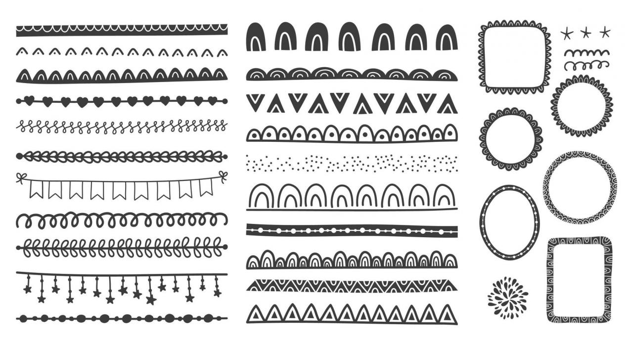 Hand drawn set of cute doodle frames, dividers, borders.  vector