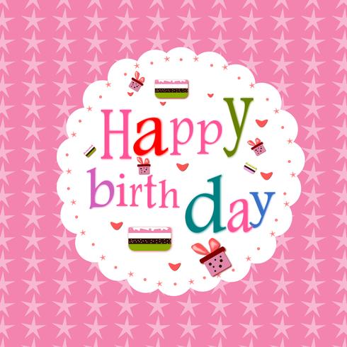 Happy birthday postcard white color frame Vector Illustration on pink star pattern background.
