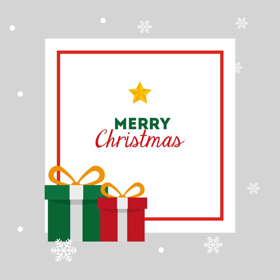 merry christmas card with gift boxes and square frame vector