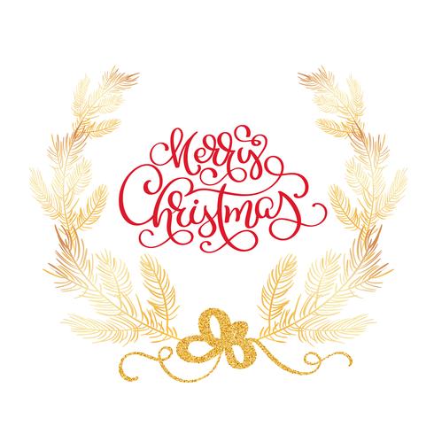 Merry Christmas text and fir tree border vector illustration. Realistic cedar branches, frame isolated on white. Calligraphy lettering handwritten