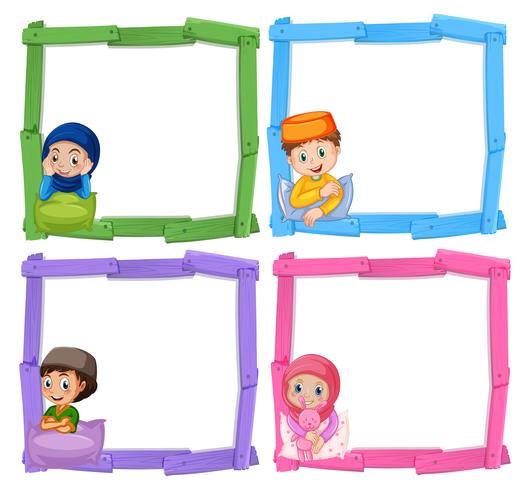Muslim children on wooden frame vector