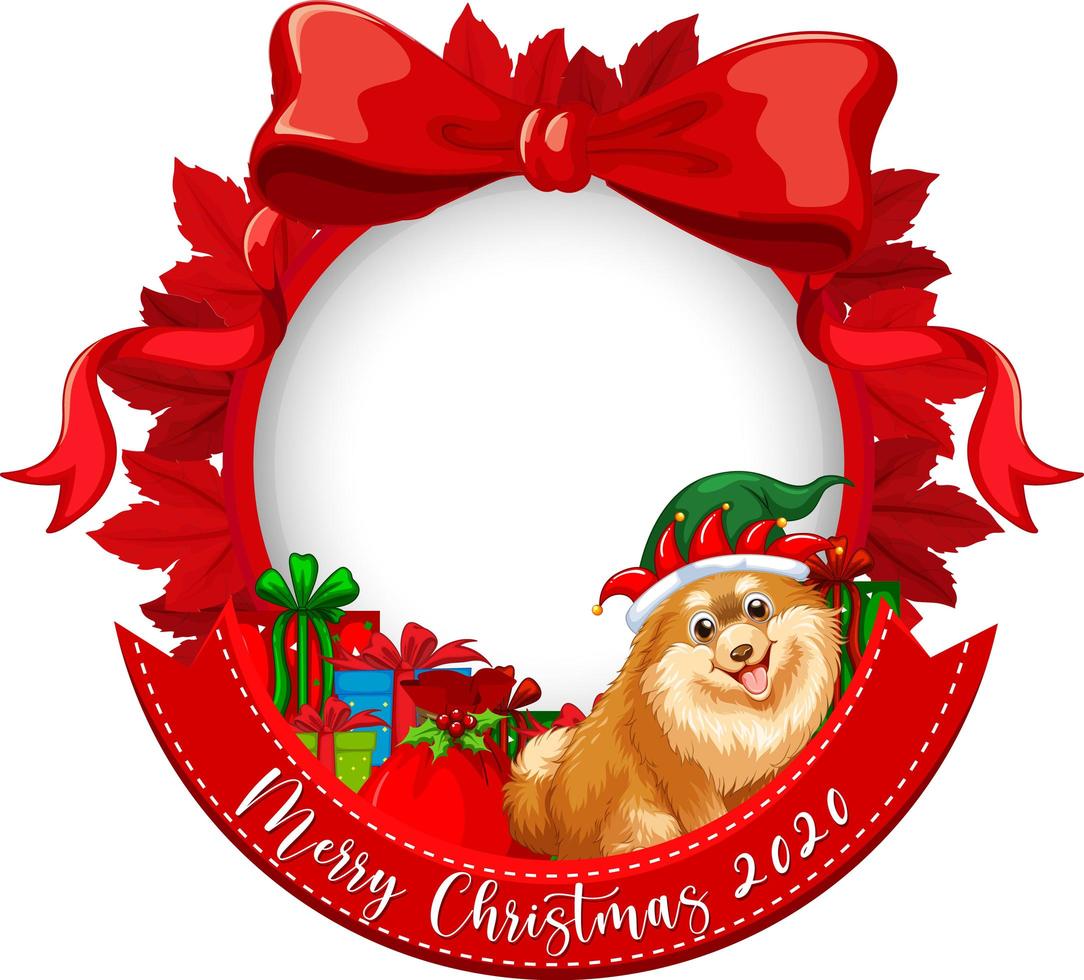 Red ribbon frame with Merry Christmas 2020 font logo with chihuahua dog cartoon character vector