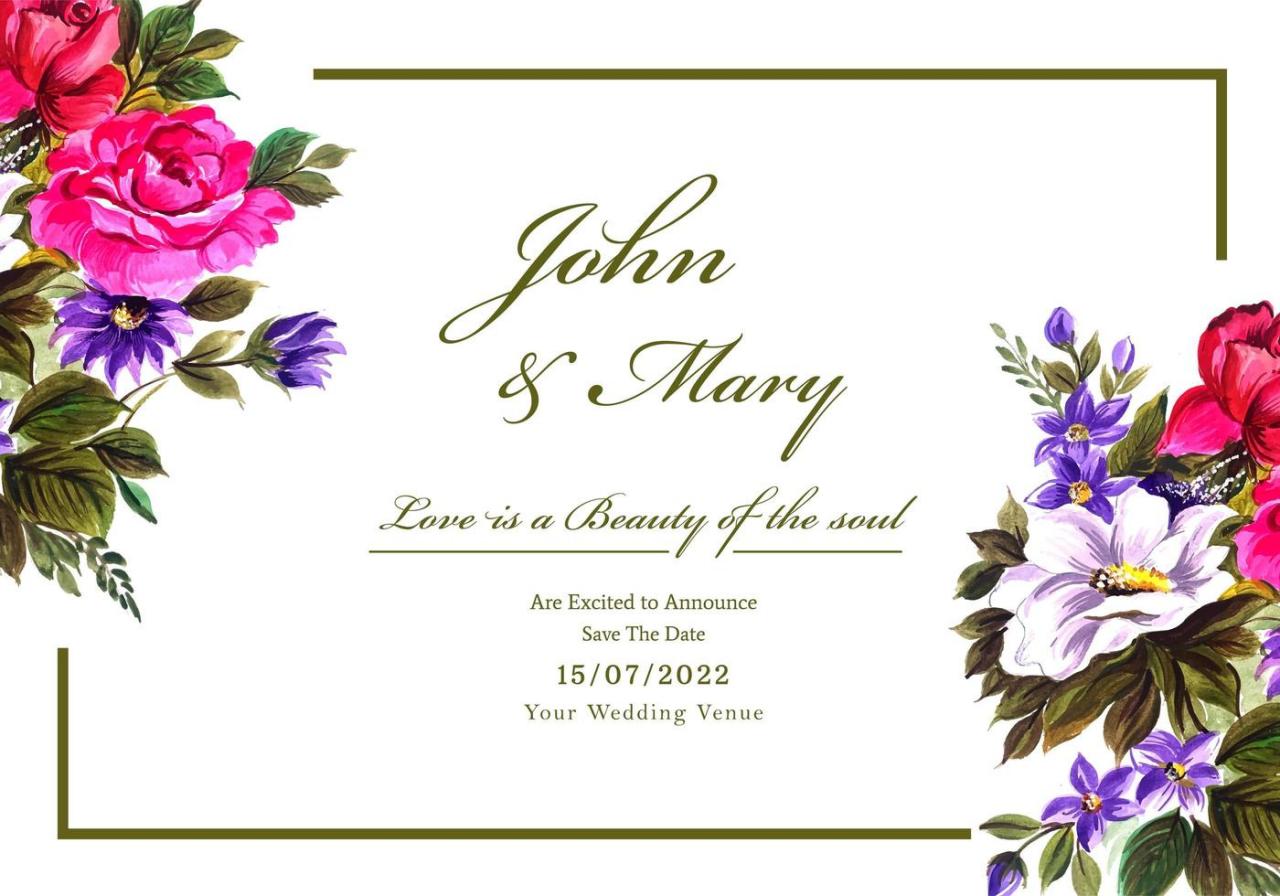 Romantic wedding invitation with colorful flowers vector