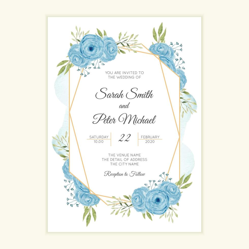 Rustic wedding invitation card with watercolor blue flower frame vector