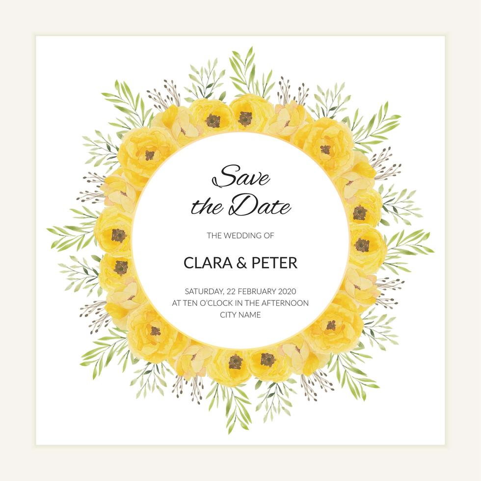 Save the date card with watercolor yellow rose flower frame vector