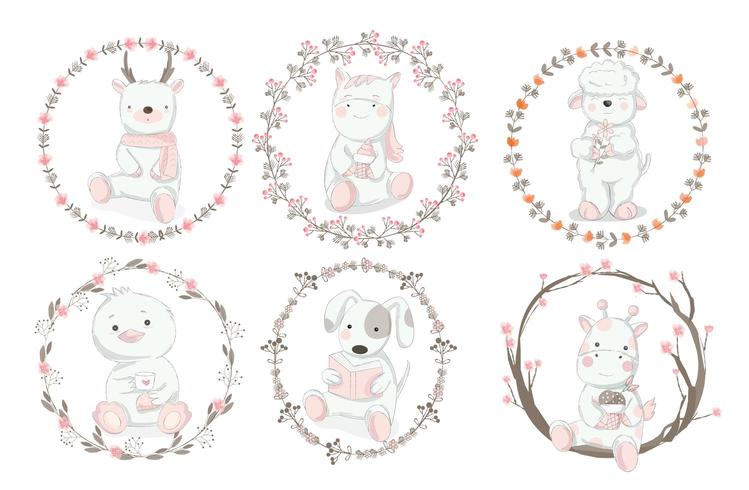 Set of Baby Animals with Floral Borders vector
