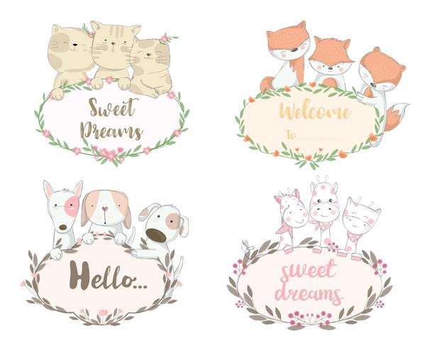 Set of Baby Animals with greetings in floral borders vector