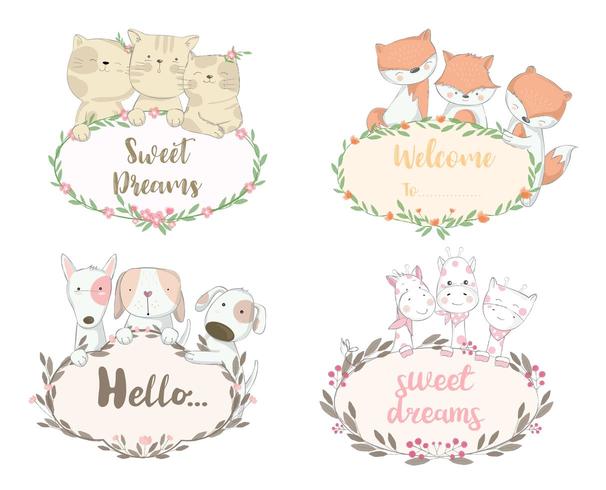 Set of Baby Animals with greetings in floral borders vector