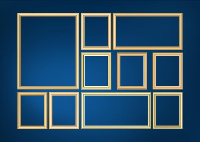 Set of decorative frame picture with gold border, Vector design on blue background with copy space in premium concept.