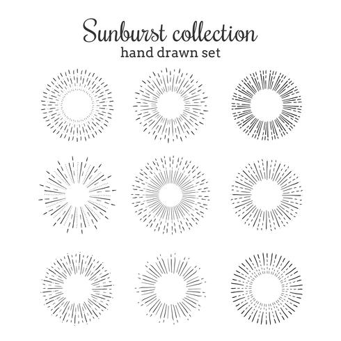 Sunburst vector collection. Retro rays frames. Star burst hand drawn circles. Sunshine decorative elements.