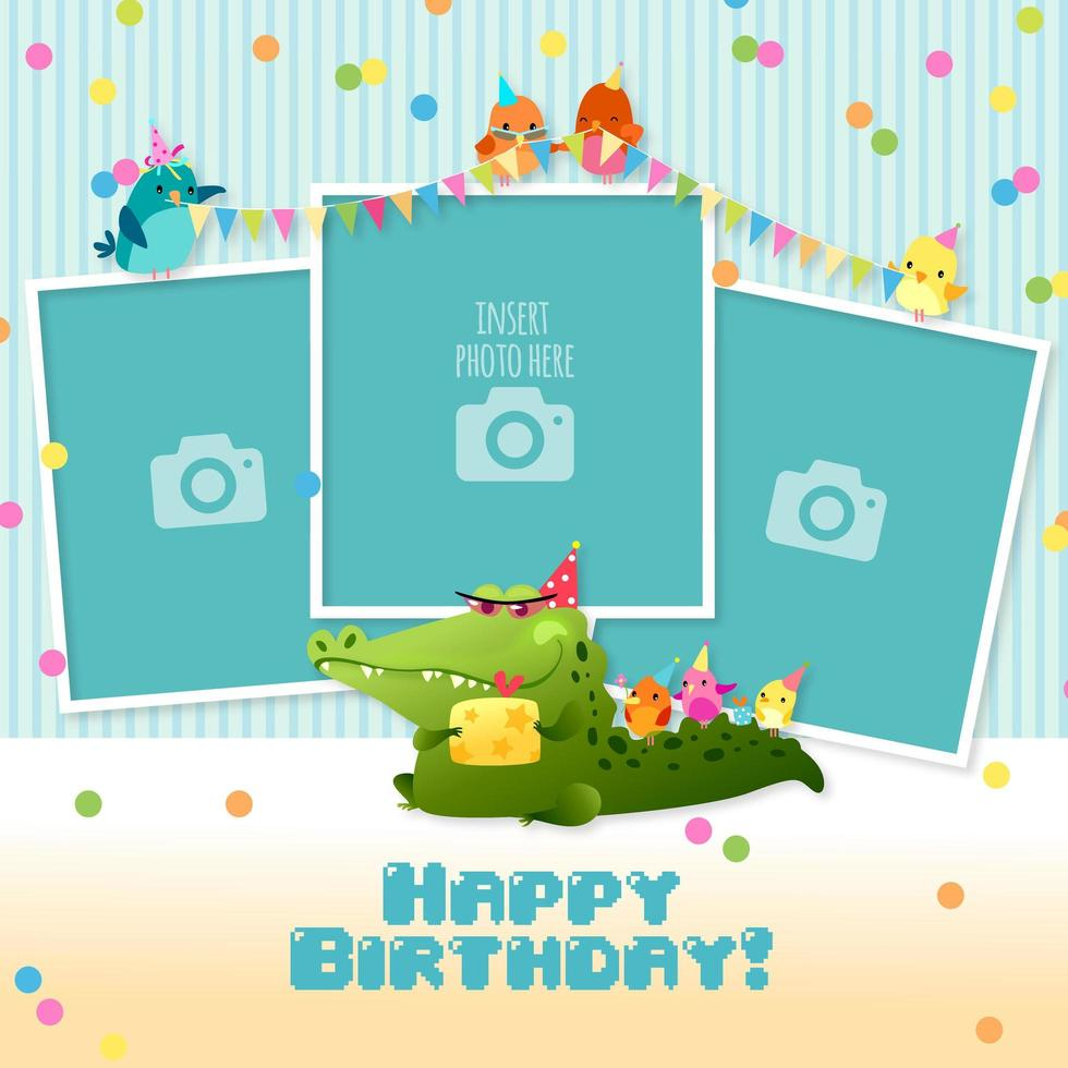 Three Photo Frame Children's Happy Birthday Collage Template vector