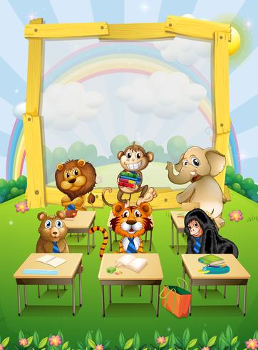 Border design with wild animals sitting in classroom vector