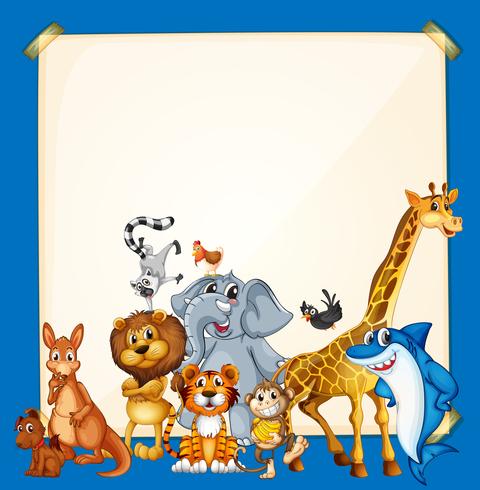 Border template with wild animals on blue background vector