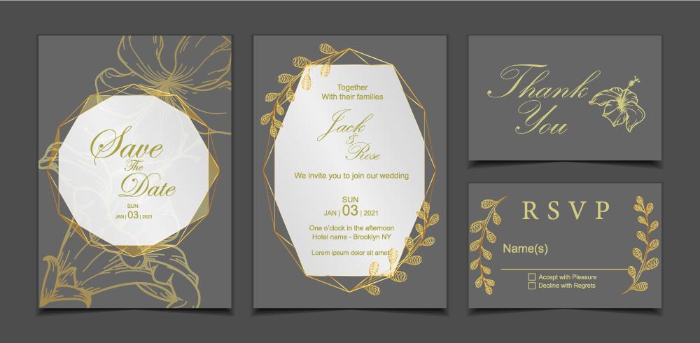 Luxury Wedding Invitation Card Template. Dark Background and Geometric Golden Frame with Floral Decoration Hibiscus Flower and Wild Leaves vector