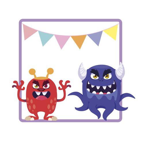 square frame with funny monsters and garlands hanging vector