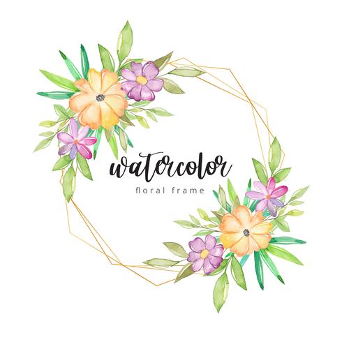 Watercolor floral frame with gold border vector