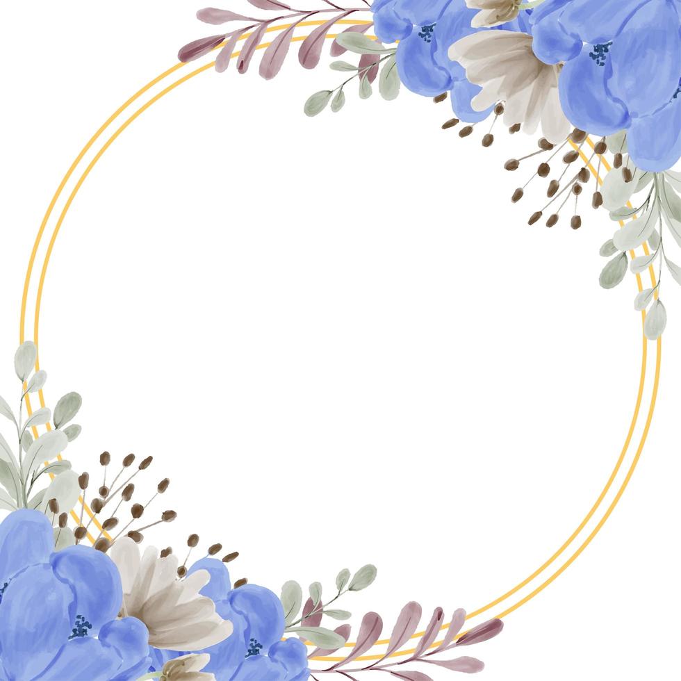 Watercolor blue peony flower frame with golden circle vector