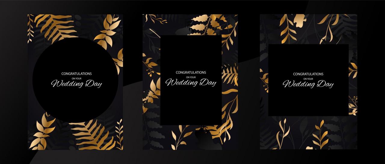 Wedding black and gold leaf frame card set vector