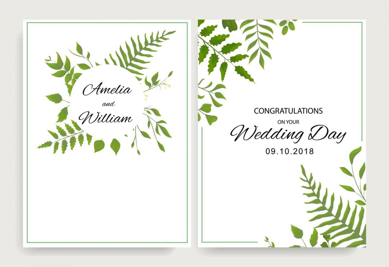 Wedding cards with green leaves and frame vector