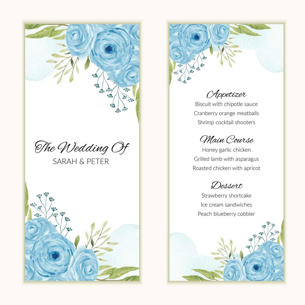 Wedding menu card with watercolor blue rose flower frame vector